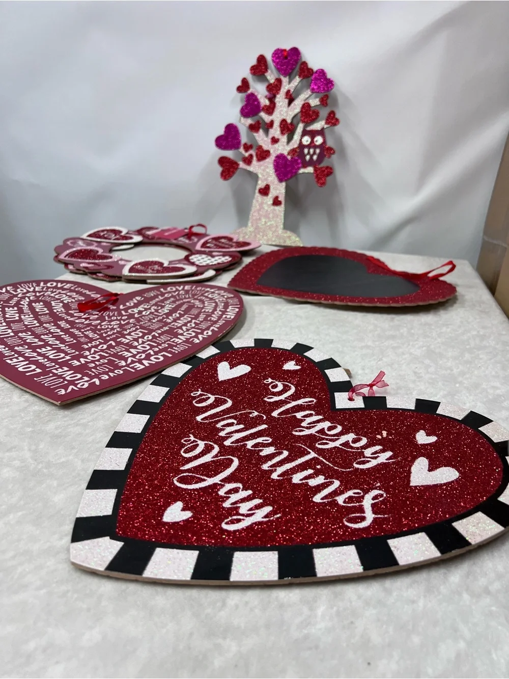 Happy Valentine's Day Red Glitter Heart Wall Decor set of 6 hanging decorations